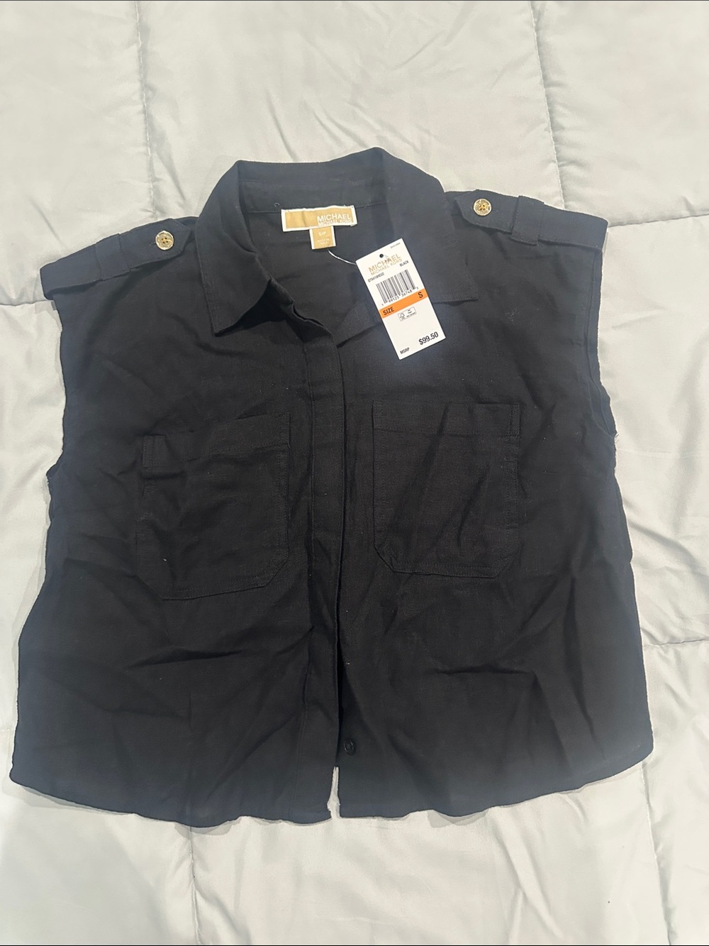 Michael Kors Black Short-Sleeve Button-Front Utility Shirt with Gold Accents
